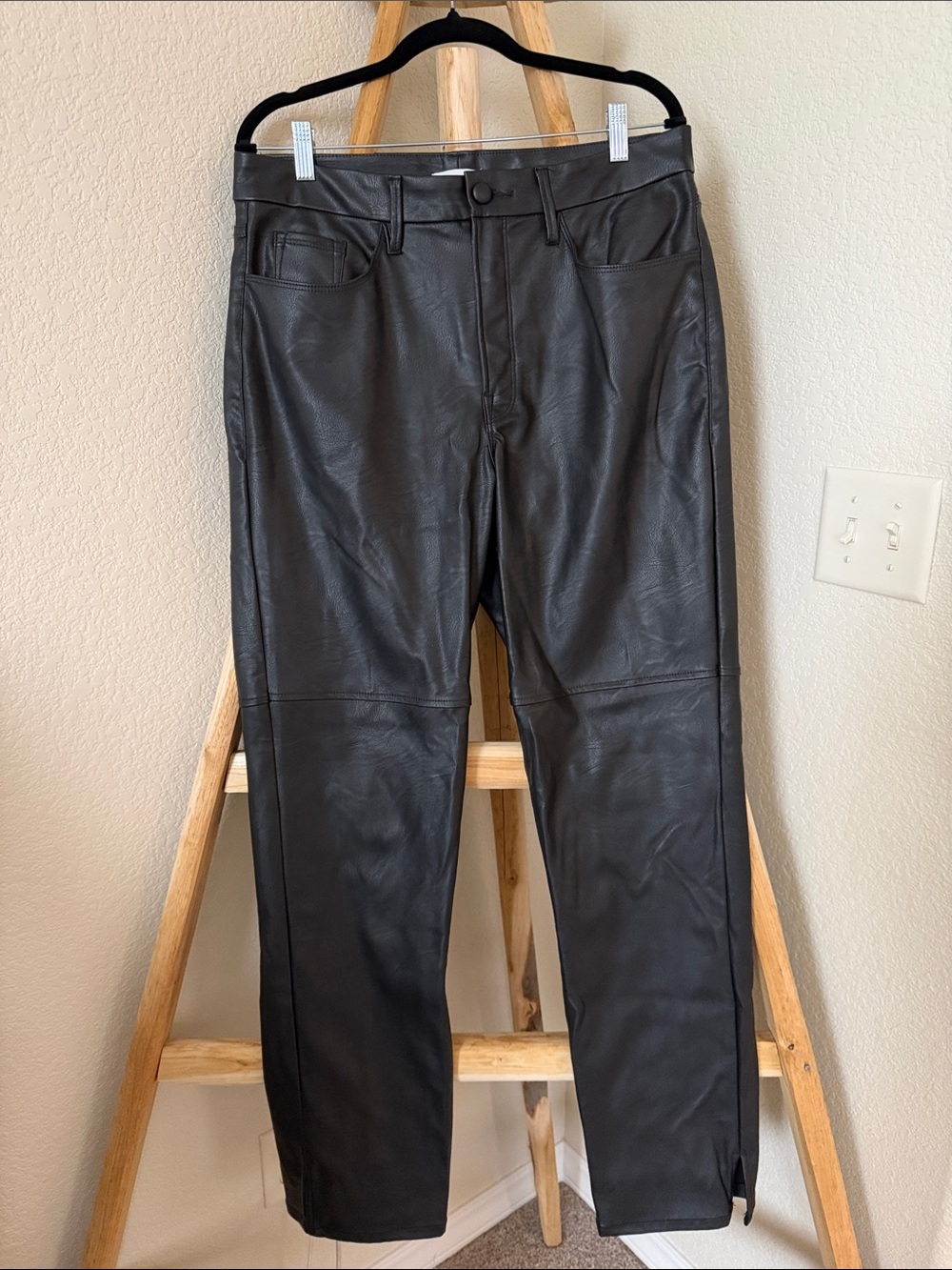 Good American Black Slim Straight Faux Leather Jeans with Side Slits - Picture 3 of 5